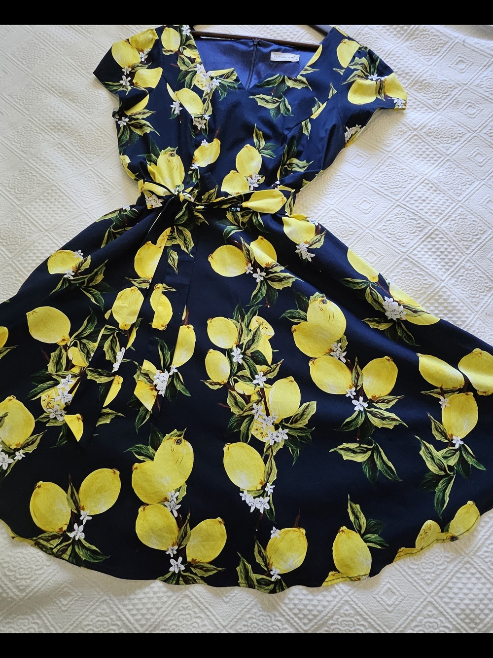 Navy & Yellow Lemon-Print Midi Dress with Waist Tie